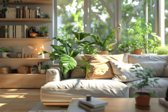 Espace de vie transformé avec des luminaires et des éléments naturels