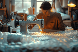 Couture d'une bâche à bulles pour piscine avec des matériaux adaptés