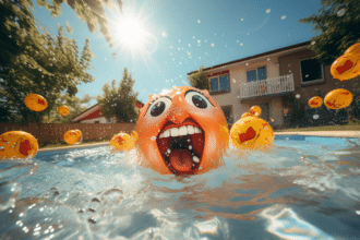 Gonflage d'une piscine avec un sèche-cheveux en été