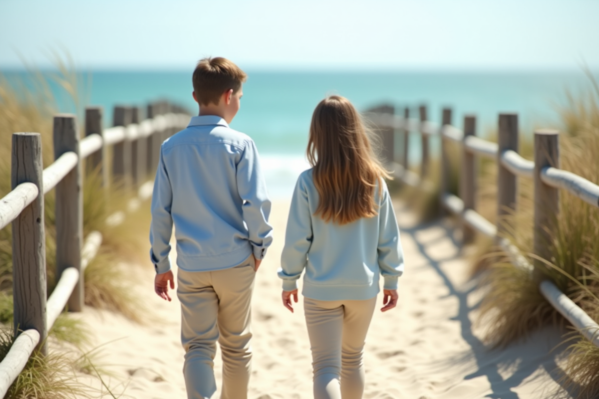 Adolescents en vêtements décontractés marchant sur la plage