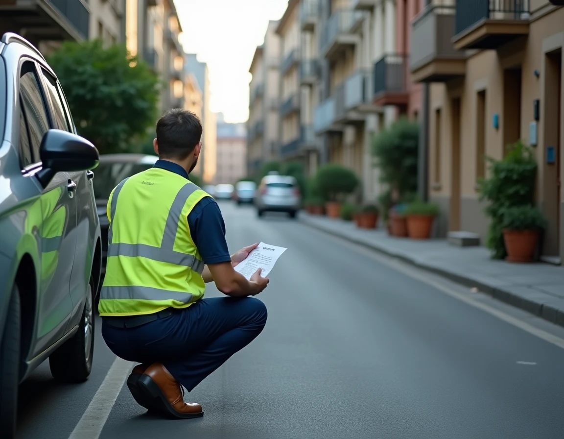 Agent municipal posant un avis de contravention sur une voiture garée devant une entrée privée en zone résidentielle urbaine