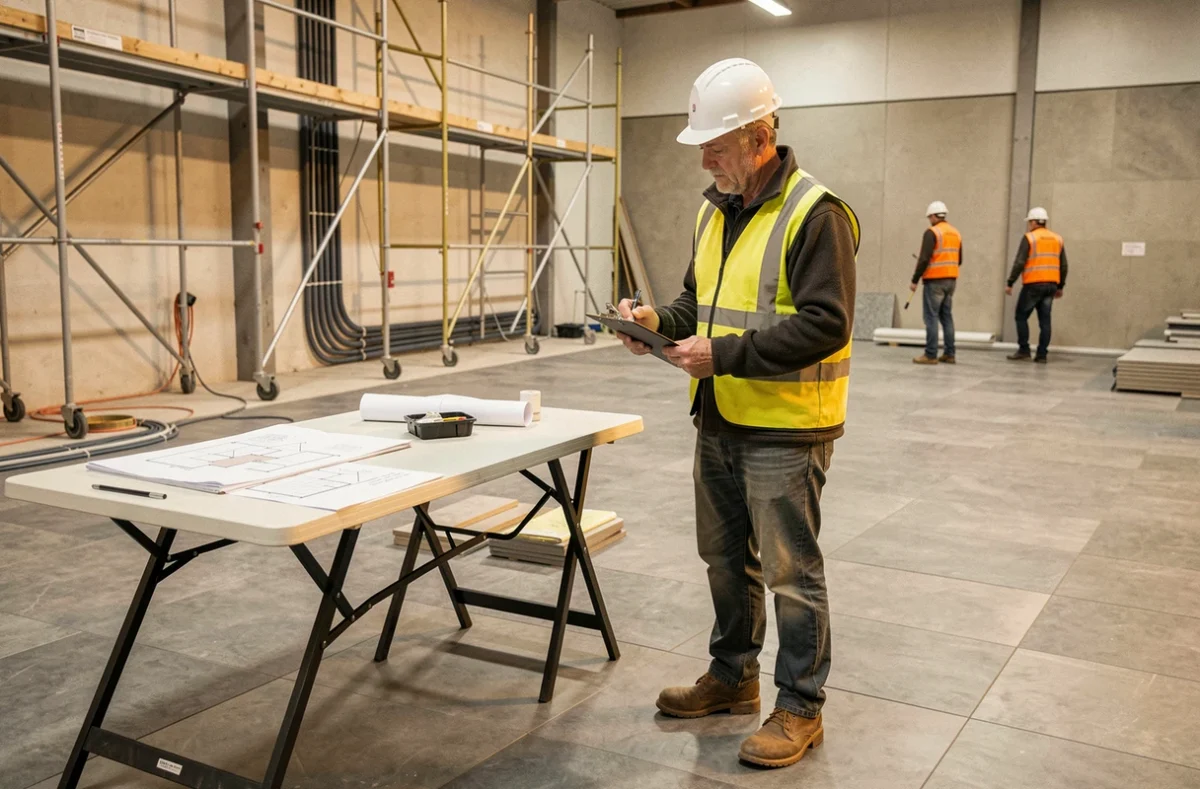 Chef de chantier d'ALP Construction à Nevers supervisant la pose de carrelage dans un grand local commercial avec plans et équipement de sécurité