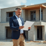 Architecte examinant des plans devant une maison en construction