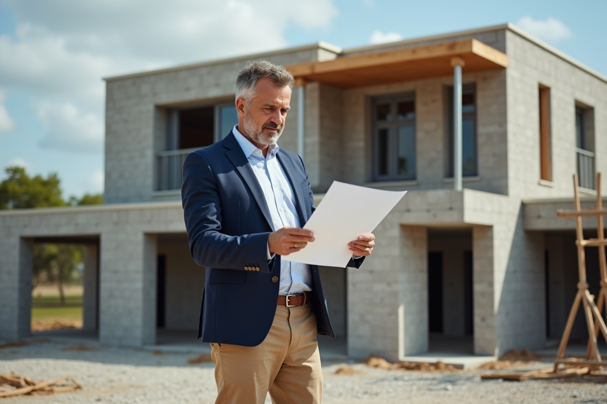 Architecte examinant des plans devant une maison en construction