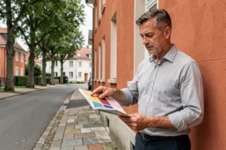 Architecte consultant un nuancier de couleur RAL devant une façade peinte en RAL 2900 orange dans une rue résidentielle européenne