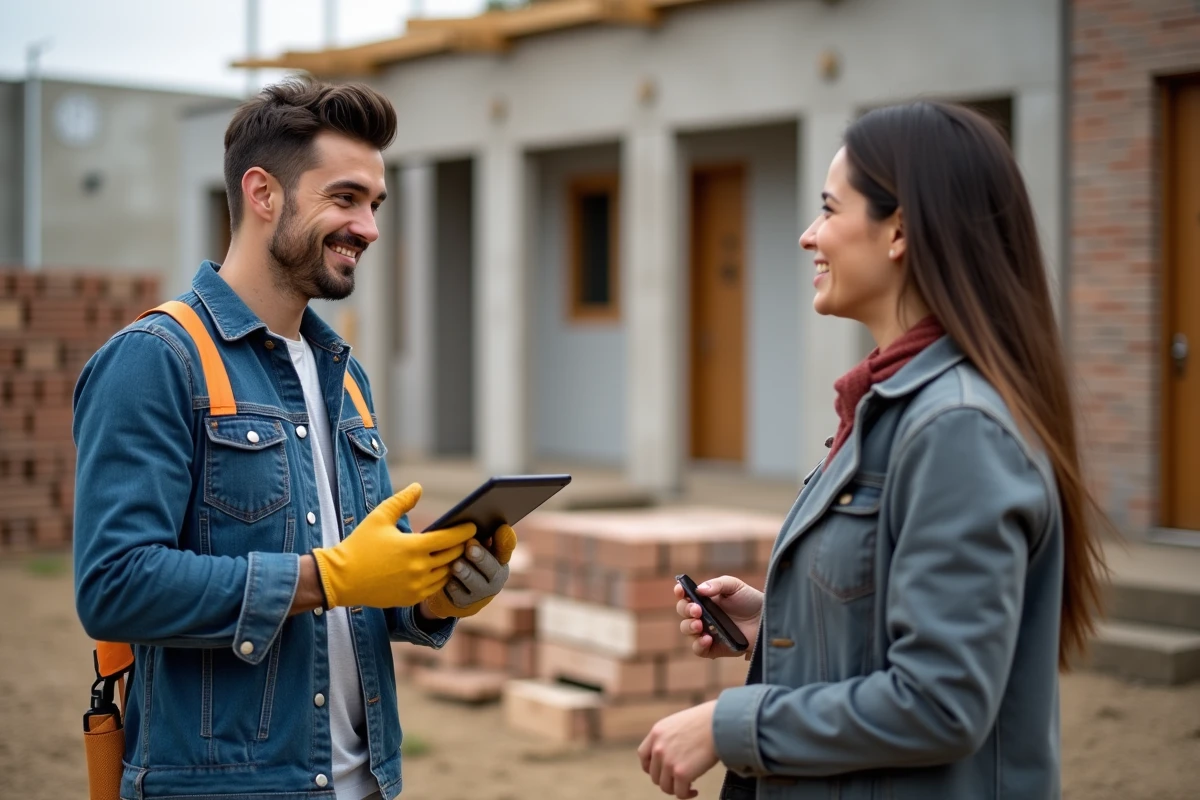 Artisan discutant avec un propriétaire sur un chantier