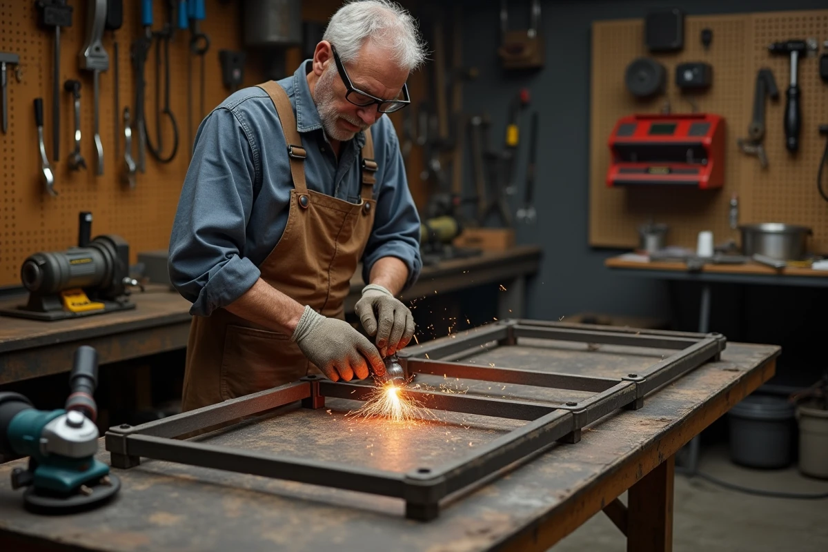 Artisan soudant des tubes carrés en fer dans un atelier de métallurgie pour fabriquer un meuble industriel