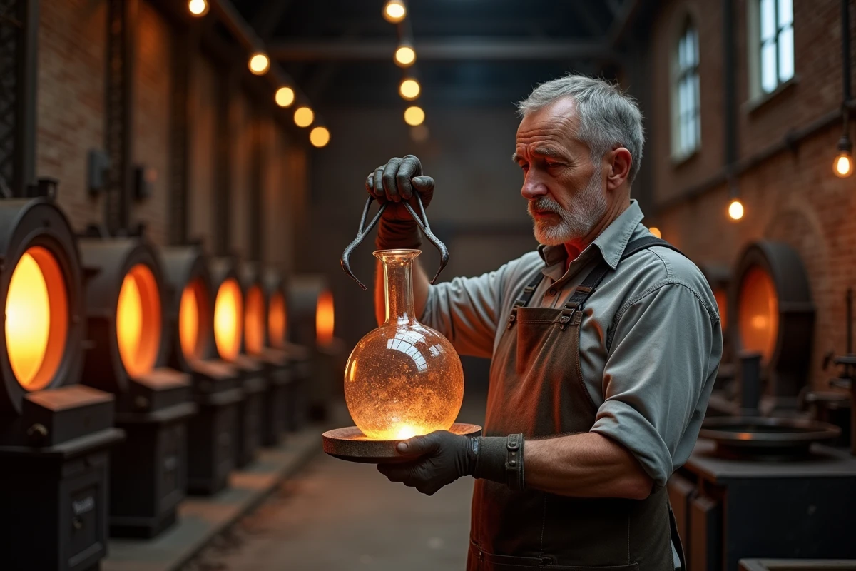 Verrier artisan inspectant une carafe en verre soufflé dans une verrerie industrielle française, ambiance manufacture historique Portieux