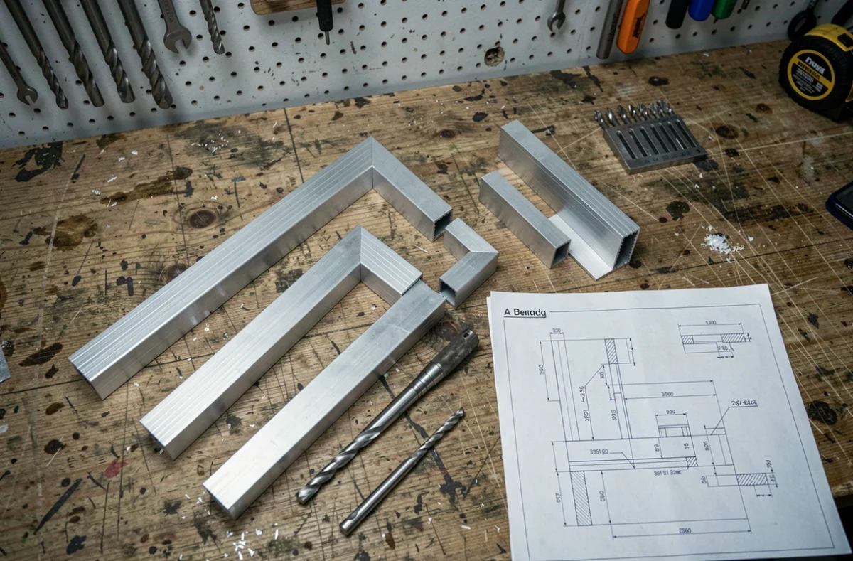Assortiment de cornières en aluminium de différentes tailles posées sur un établi d'atelier avec outils de mesure