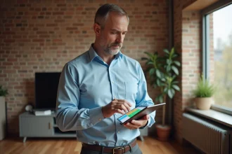 Auditeur énergétique consultant un diagnostic de performance énergétique sur tablette dans un salon résidentiel