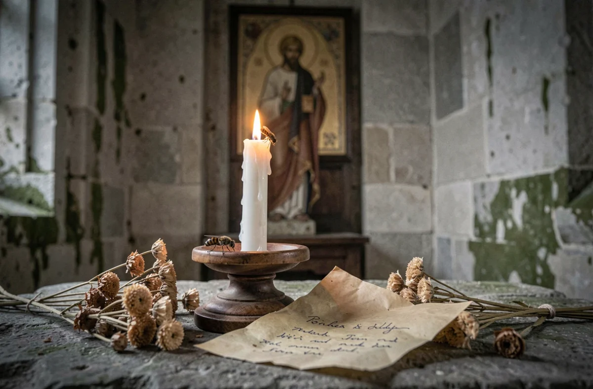 Autel spirituel avec bougie, fleurs séchées et mouche dans un espace de recueillement religieux, évoquant la signification symbolique des mouches selon les croyances