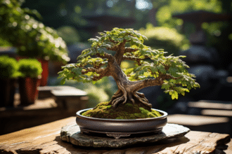 Bonsaï miniature exposé avec soin dans un jardin zen