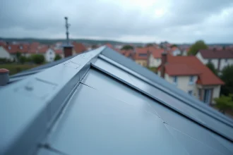 Toiture en bac acier imitation zinc sur une maison résidentielle dans un village du nord de la France, avec des tuiles traditionnelles visibles en arrière-plan
