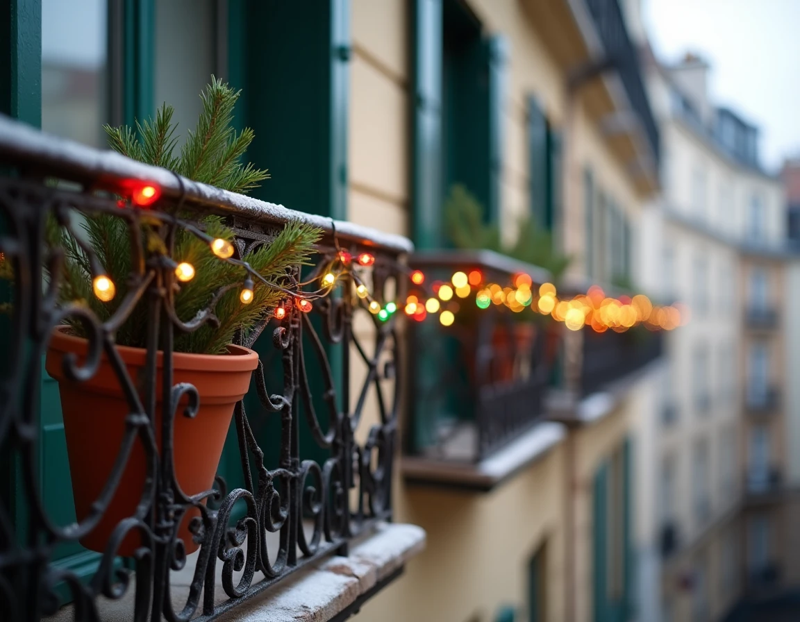 Balcon en fer forgé décoré de guirlandes colorées pour Noël sur un immeuble style haussmannien en hiver