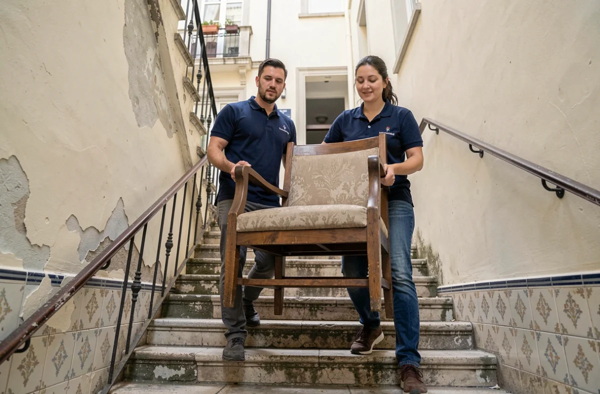 Bénévoles d'une association transportant un fauteuil dans l'escalier lors d'un débarras de maison