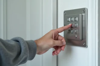 Boîte à clés murale avec code numérique installée près d'une porte d'entrée, main appuyant sur le clavier