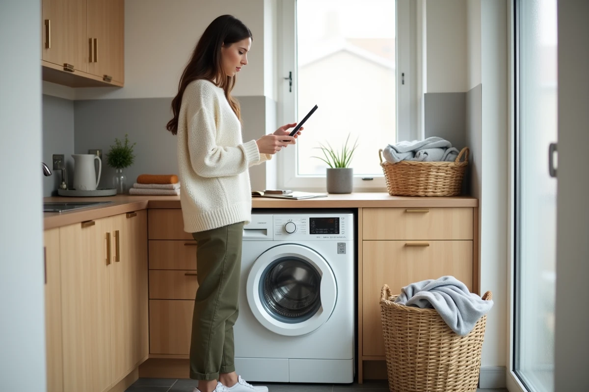 Vue d'ensemble d'une buanderie scandinave avec lave-linge Whirlpool 9kg et panier de linge