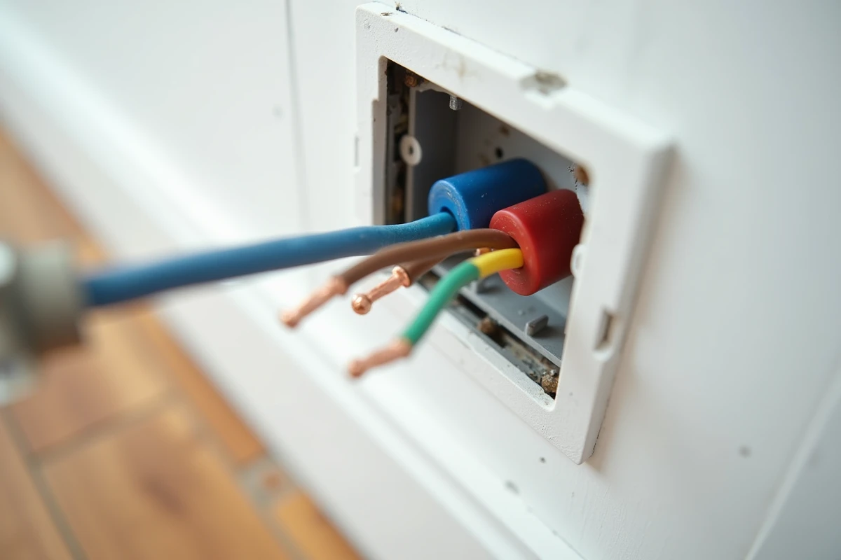 Gros plan sur le câblage d'une prise de courant avec fils électriques normes NF dans une boîte d'encastrement