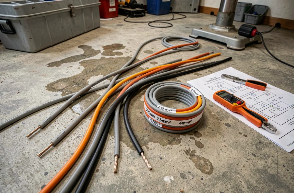 Câbles électriques de différentes sections posés sur sol de garage en béton avec multimètre et schéma électrique pour outillage d'atelier