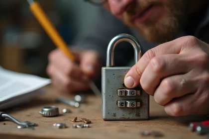 Homme examinant un cadenas à 3 chiffres avec le bouton de réinitialisation cassé sur un établi en bois