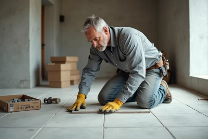 Carreleur middleaged vérifiant l'alignement des carreaux