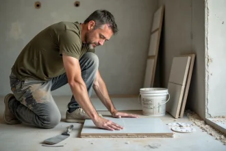 Carreleur professionnel posant un grand format de carrelage en pose collée sur mortier dans une salle de bain en rénovation