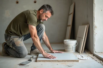 Carreleur professionnel posant un grand format de carrelage en pose collée sur mortier dans une salle de bain en rénovation