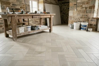 Vue d'ensemble d'un chantier de carrelage en Bourgogne-Franche-Comté avec sol en carreaux posés en chevrons et outils de carreleur professionnels