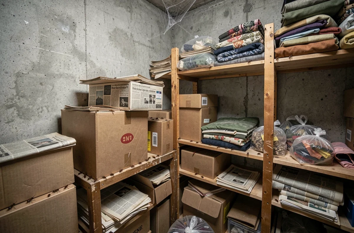 Coin de cave encombré de cartons et étagères avec de petites bêtes marron, erreur d'aggraver une infestation par le désordre
