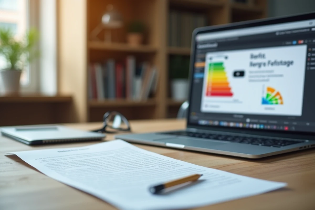 Certificat de performance énergétique imprimé posé sur un bureau avec un ordinateur affichant un site d'audit énergétique