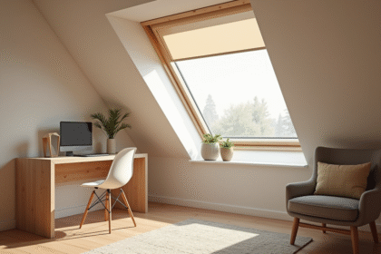Chambre mansardée lumineuse avec fenêtre Velux et décoration scandinave