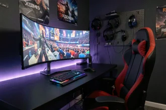 Setup gaming inspiré esports dans une chambre décorée avec bureau ultrawide, chaise ergonomique et éclairage RGB ambiant