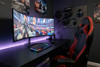 Setup gaming inspiré esports dans une chambre décorée avec bureau ultrawide, chaise ergonomique et éclairage RGB ambiant