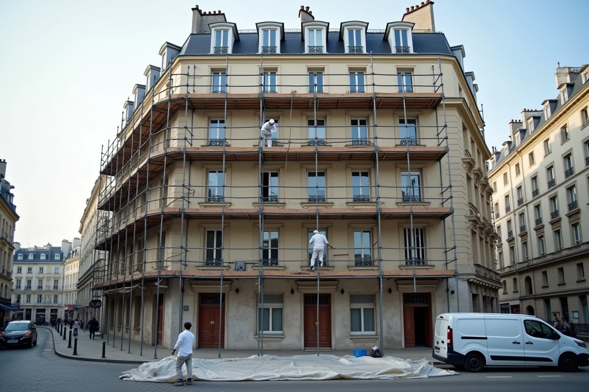 Chantier de rénovation avec sablage complet d'une façade d'immeuble ancien sur échafaudage