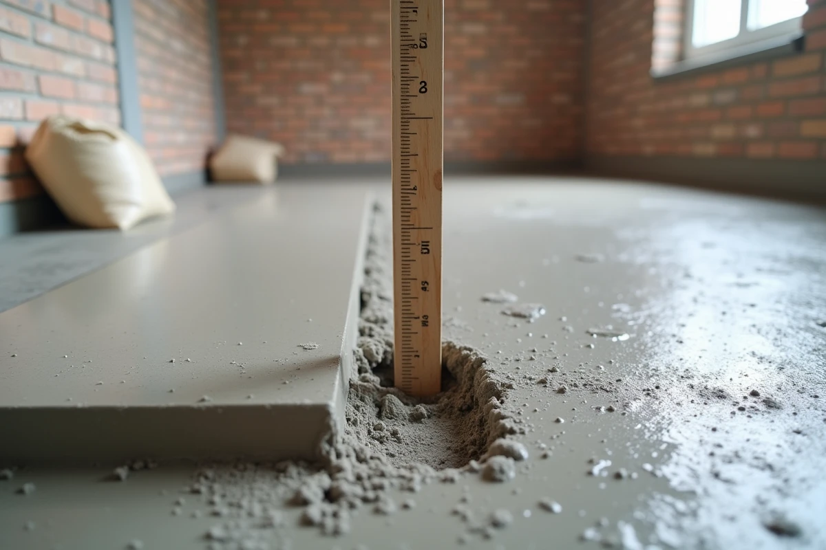 Gros plan sur une chape fraîche avec jauge de profondeur indiquant 5 cm d'épaisseur sur un chantier résidentiel