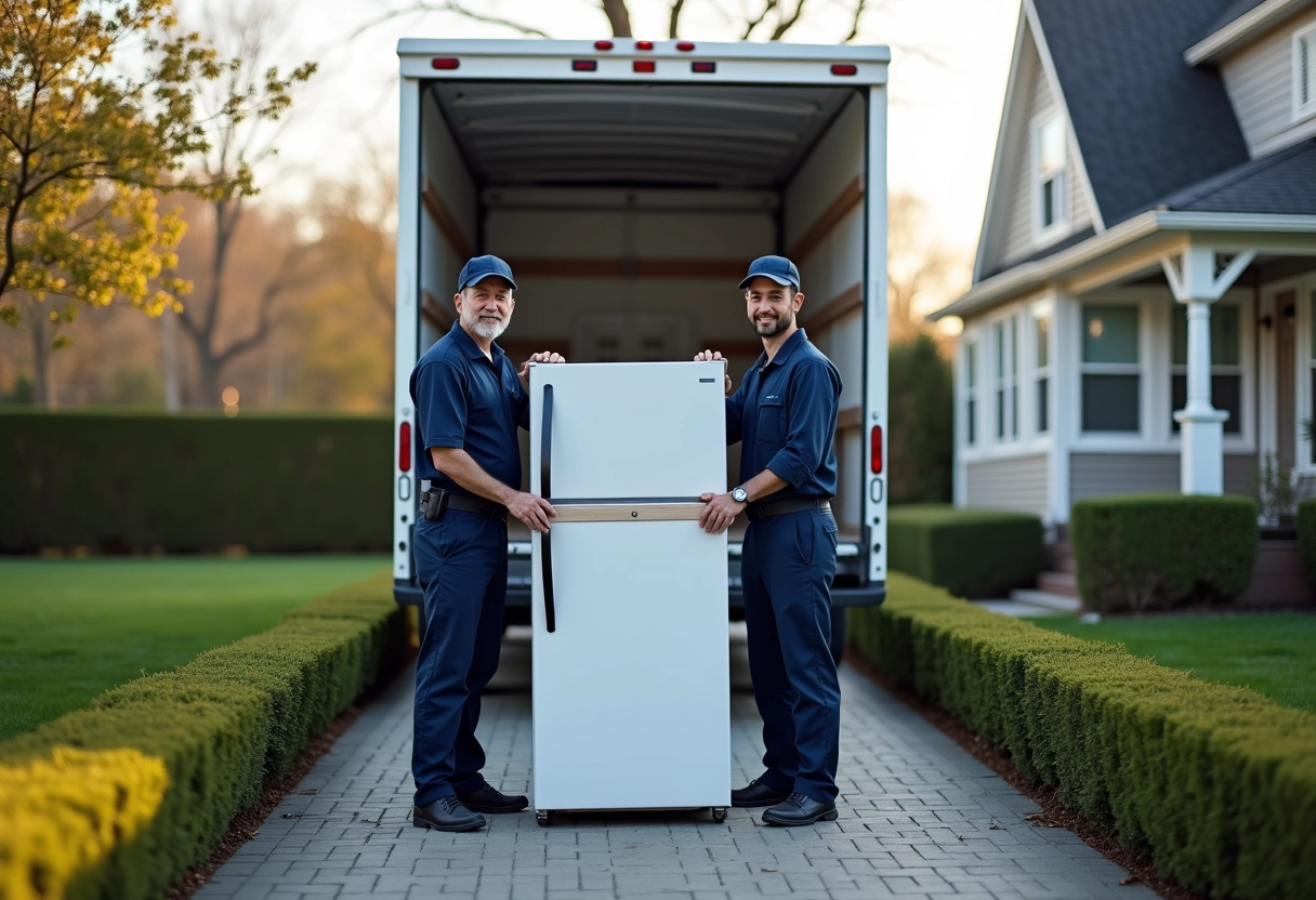 Deux déménageurs fixant un frigo sur une camionnette