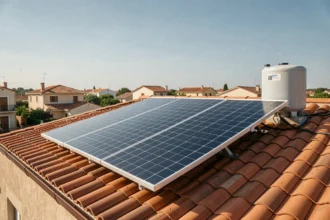 Chauffe-eau solaire de 100 litres installé sur un toit de maison individuelle avec panneaux thermiques et ballon de stockage