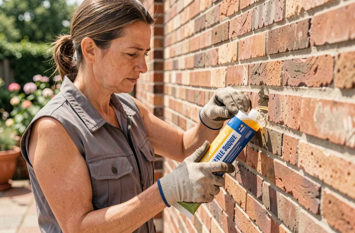 Femme appliquant une résine de cheville chimique à la main sans pistolet professionnel sur un mur en brique extérieur