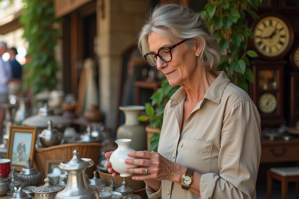 Femme examinant un vase en céramique ancienne sur un stand de vide grenier à Montpellier, entourée d'objets de brocante variés