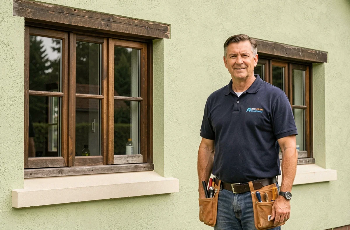 Christophe Salgado artisan rénovateur devant une maison charentaise avec façade enduite et menuiseries neuves