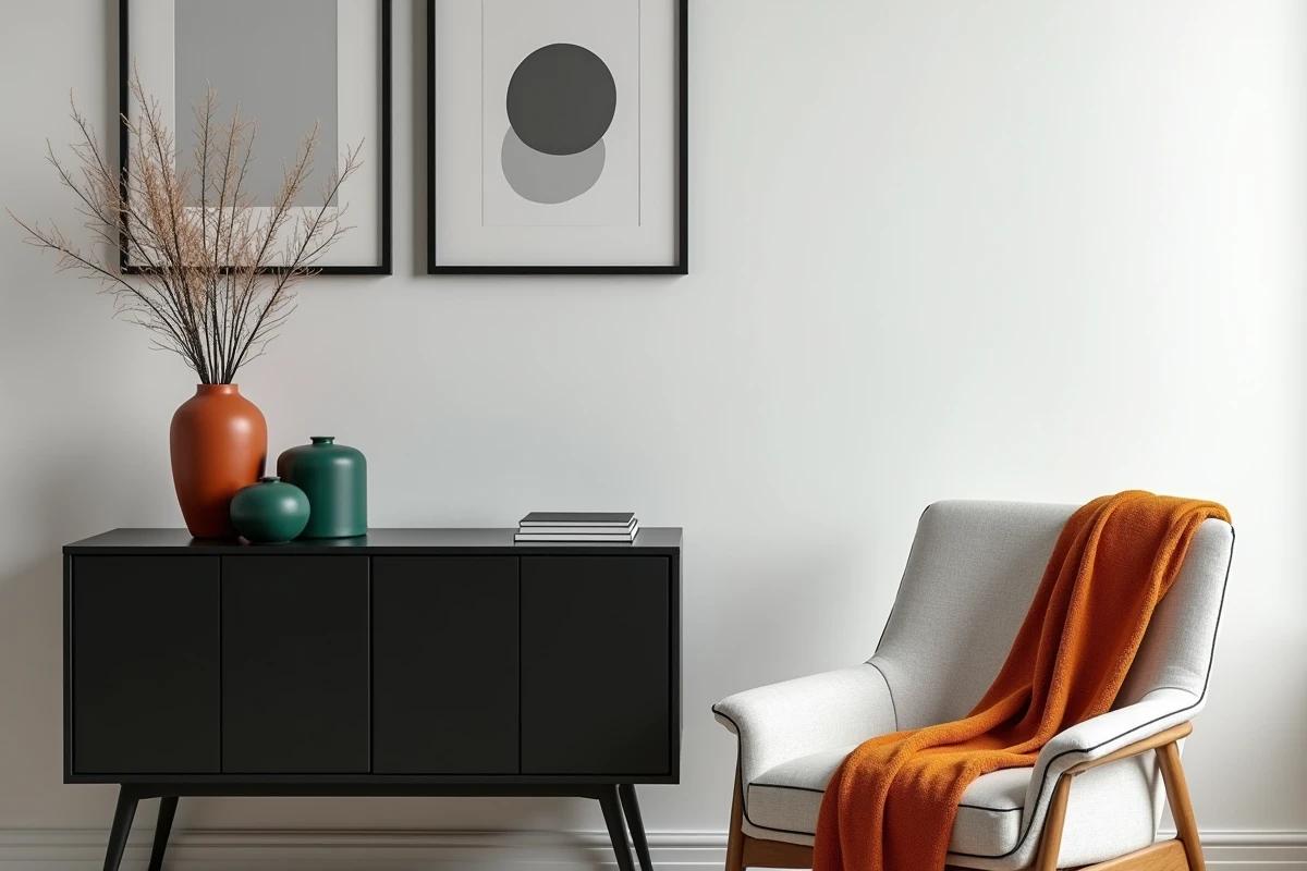 Coin salon en noir et blanc avec galerie murale, objets décoratifs terracotta et vert émeraude sur un meuble buffet noir