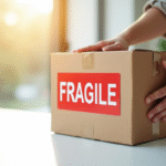 Colis en carton avec sticker fragile en lumière naturelle