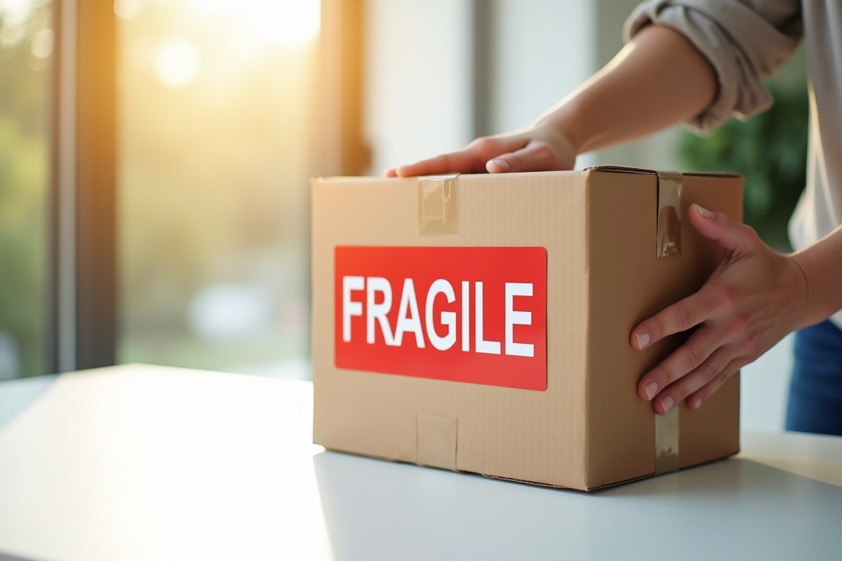 Colis en carton avec sticker fragile en lumière naturelle