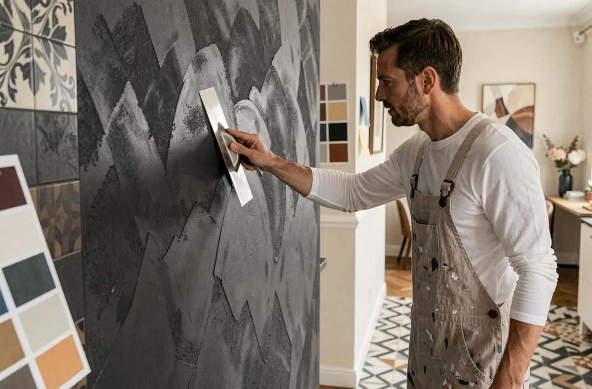 Artisan de Compao appliquant un enduit décoratif à la taloche à côté d'un mur carrelé géométrique dans un appartement contemporain français