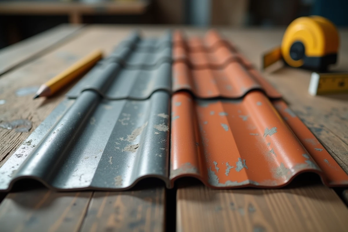 Comparaison détaillée de deux échantillons de bac acier, l'un avec finition imitation zinc grise et l'autre avec profil imitation tuiles rouge, posés sur un établi de chantier
