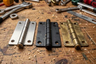 Trois modèles de gonds pour porte intérieure côte à côte sur un établi en bois, montrant différentes finitions métalliques pour comparer avant l'achat