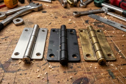 Trois modèles de gonds pour porte intérieure côte à côte sur un établi en bois, montrant différentes finitions métalliques pour comparer avant l'achat