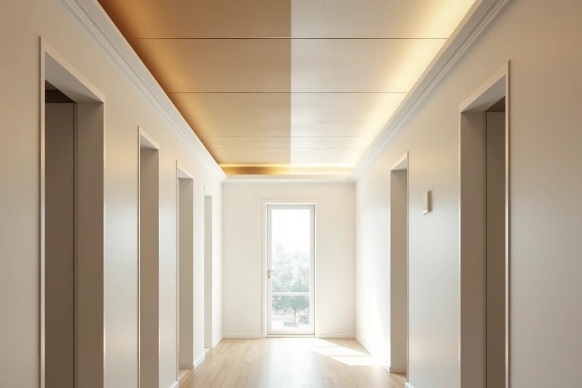 Comparaison visuelle entre plafond tendu brillant et faux plafond à dalles dans un couloir résidentiel