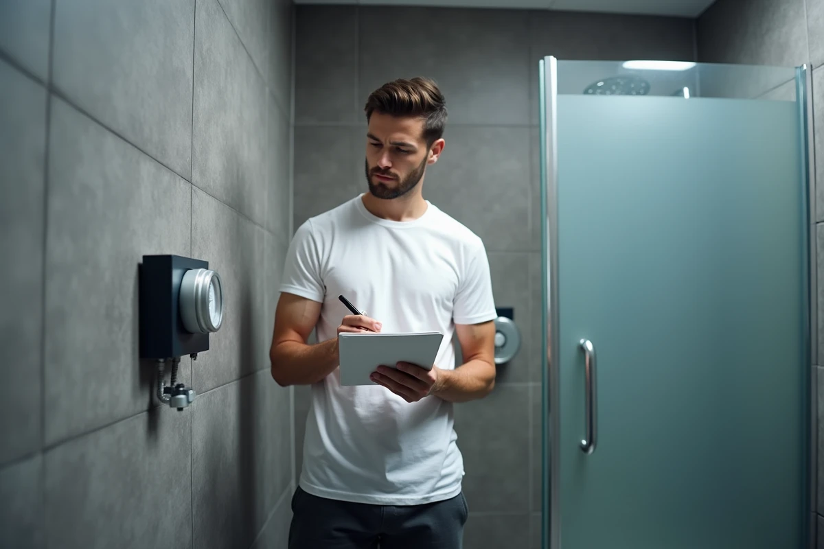 Homme inspectant le compteur d'eau dans la salle de bain pour identifier les erreurs de surconsommation