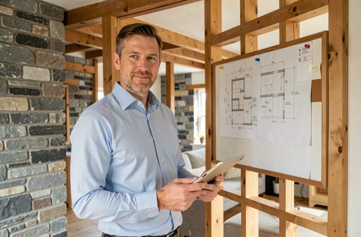 Maître d'œuvre de Conception Habitat et Maîtrise d'œuvre supervisant un chantier de rénovation intérieure
